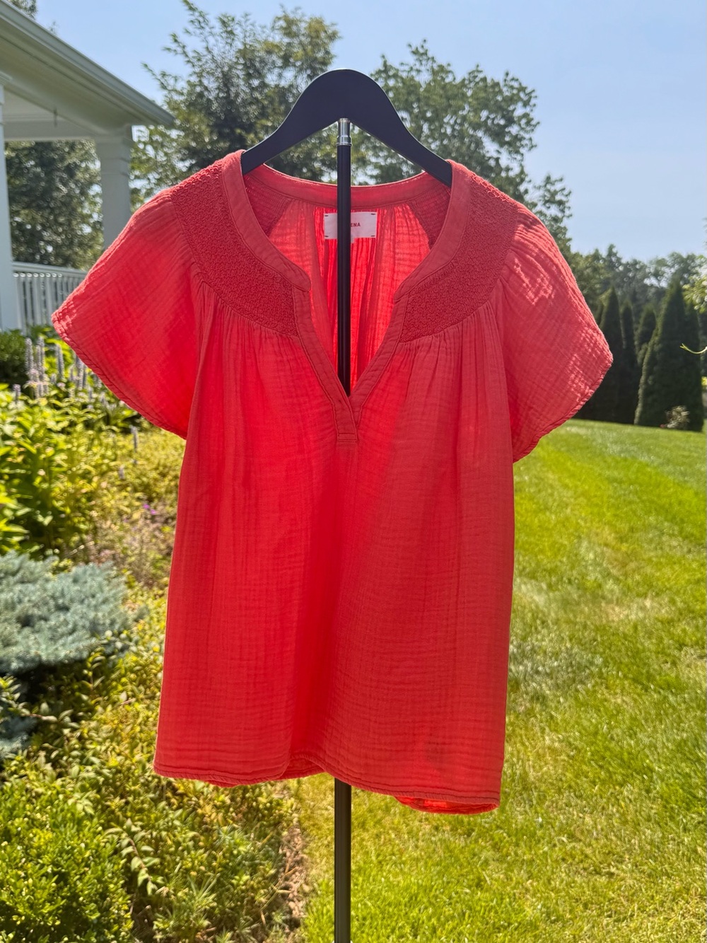 XiRENA Tangerine Orange Short-Sleeve Gauze Top with Smocking